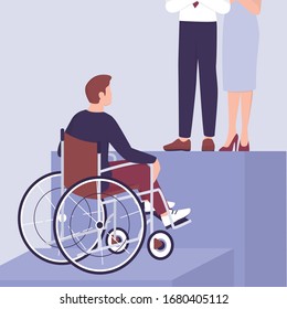 Recruitment ableism concept. Young disabled businessman can't climb a career ladder. Discrimination and social prejudice against people with disabilities. Isolated vector illustration in cartoon style