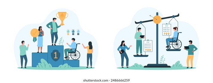 Recruitment ableism, unequal job opportunity set. Tiny people compare CV of employees on scales, characters of HR team reject resume of person with disability, black skin cartoon vector illustration