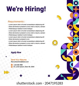 Recruitment Advertising Template. Colorful Geometric Background. Job Vacancy Poster Geometrical Shapes. Flyer Promotion Modern Decorative Patterns Square.