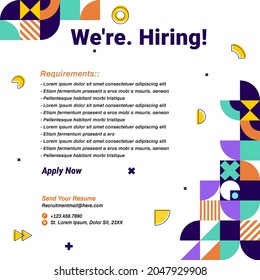 Recruitment Advertising Template. Colorful Geometric Background. Job Vacancy Poster Geometrical Shapes. Flyer Promotion Modern Decorative Patterns Square.