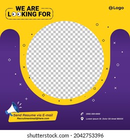 Recruitment advertising template. Recruitment Poster, Job hiring poster, social media, banner, flyer. Digital announcement job vacancies layout on purple concept