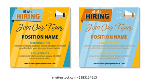 Recruitment advertising template. Recruitment Poster, Job hiring poster, social media, banner, flyer. Digital announcement job vacancies layout.