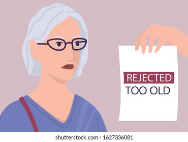 Recruitment ageism concept. HR specialist reject an old man cv. Unfairness and employment problem of seniors. Human resources department don't hire people aged 50. Isolated vector illustration