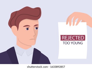 Recruitment ageism concept. HR specialist reject young man cv. Unfairness and employment problem of young adults. Human resources department don't hire people aged 20. Isolated vector illustration