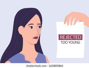 Recruitment ageism concept. HR specialist reject young woman cv. Unfairness and employment problem of young adults. Human resources department don't hire people aged 20. Isolated vector illustration