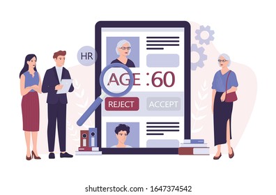 Recruitment Ageism Concept. HR Specialist Reject An Old Woman Cv. Unfairness And Employment Problem Of Seniors. Human Resources Department Don't Hire People Aged 50. Isolated Vector Illustration