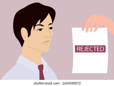 Recruitment ageism concept. HR specialist reject young japanese man cv. Human resources department don't hire people of different nationality or religion. Isolated vector illustration