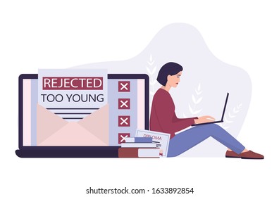 Recruitment ageism concept. Young woman recieved rejected cv. Unfairness and employment problem of young adults. Human resources department don't hire people aged 20. Isolated vector illustration