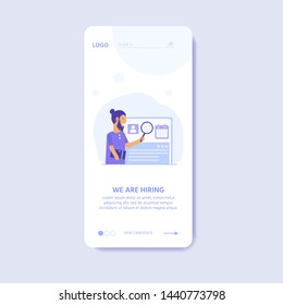 Recruitment agency, concept with characters for  documents, employee hiring, web banner, infographics, landing page. Illustration for recruiting, recruit resources, layout, research. Vector