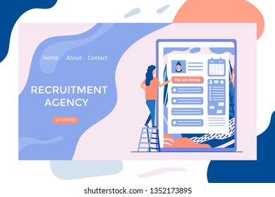 Recruitment agency concept with characters for social media, documents, employee hiring, web banner, infographic, landing page. Illustration for recruiting, recruit resources, choice, research. Vector