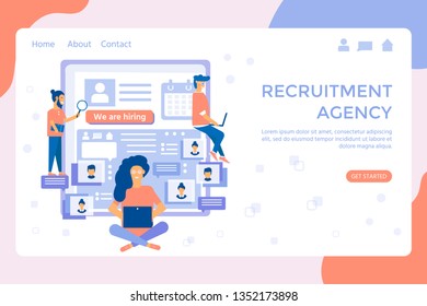 Recruitment agency concept with characters for social media, documents, employee hiring, web banner, infographic, landing page. Illustration for recruiting, recruit resources, choice, research. Vector