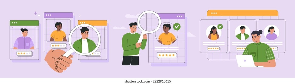 Recruitment agency concept, hiring, vector illustration set. Hr managers team work with human resources, searching new job candidates, analyzing CV, resume. Hand drawn, modern flat cartoon style.