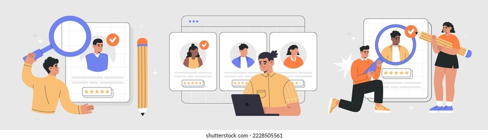 Recruitment agency concept, hiring, vector illustration set. Hr managers team and headhunters work with human resources, choosing the best candidates for vacancies, analyze CV. Hand drawn flat style.