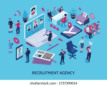 Recruitment agency concept isometric composition with online applicants search magnifier candidates selection interview employment contract vector illustration 
