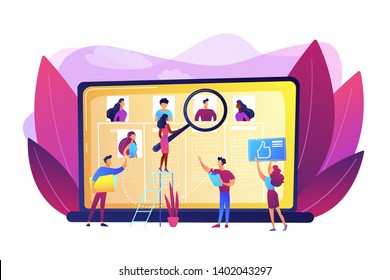 Recruitment agency, employment service. HR manager searching candidate CV. Wanted employees, vacancies are open, join our team, we re hiring concept. Bright vibrant violet vector isolated illustration