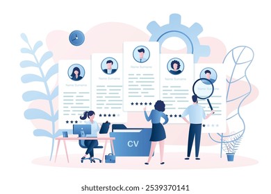 Agência de recrutamento e cinco currículos. Empresários à procura de novos trabalhadores ou pessoal e conceito de contratação, recrutamento. Gerentes de RH no trabalho, processo de negócios. Ilustração de vetor de estilo moderno