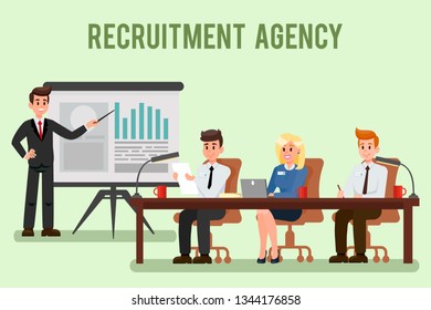 Recruitment Agency Flat Illustration with Text. HR Managers at Meeting, Conference Vector Drawing. Business Coach Pointing at Whiteboard. Graph, Diagram. Business Presentation. Teamwork, Partnership