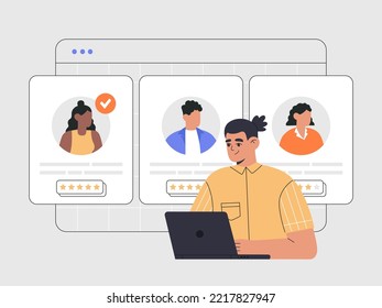 Recruitment agency, hiring employees. Hr manager with laptop selects the best candidate for job online. CV, resume analysis. Hand drawn vector illustration isolated on background, flat cartoon style.