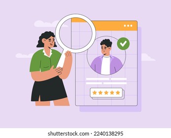 Recruitment agency, hiring employees. Hr manager with big magnifying glass selection best candidate for job. CV, resume analysis. Hand drawn vector illustration isolated on background, flat style.