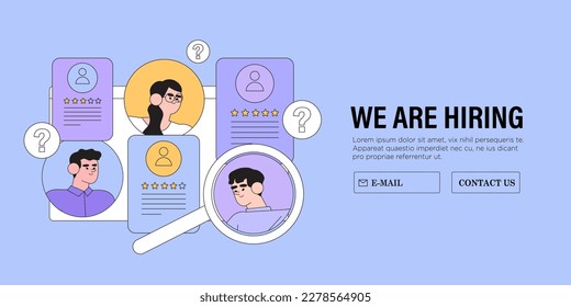 Recruitment agency, hiring employees. Hr manager selects the best candidate for job vacancy. CV, resume analysis. Hand drawn vector illustration isolated on purple background, flat cartoon style.