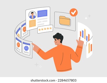 Recruitment agency, hiring employees. Hr manager selects the best candidate for job vacancy. CV, resume analysis. Hand drawn vector illustration isolated on light background, flat cartoon style.