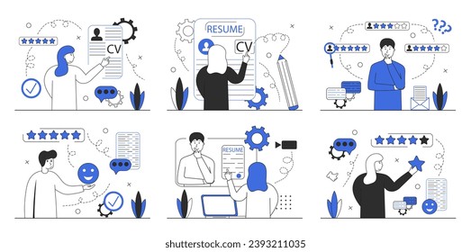 Recruitment agency, hiring, vector illustration set. Hr managers searching new employee, reading CV and giving job candidate review. Manager approves a new employee for a vacancy. Vector illustration.