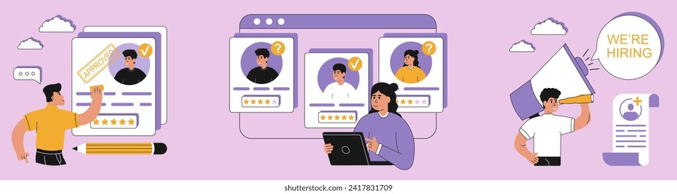 Recruitment agency, hiring, vector illustration set. Hr managers searching new employee, reading CV and giving job candidate review. Manager approves a new employee for a vacancy. Vector illustration.