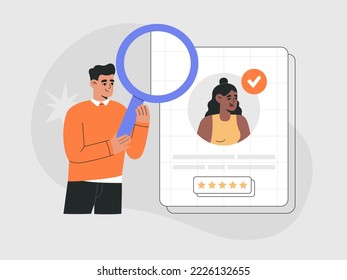 Agencia de contratación, gestión de recursos humanos, contratación de empleados. Su gerente con una gran lupa apuntando al mejor candidato. Ilustración de vector plano dibujada a mano aislada en el fondo, estilo de caricatura