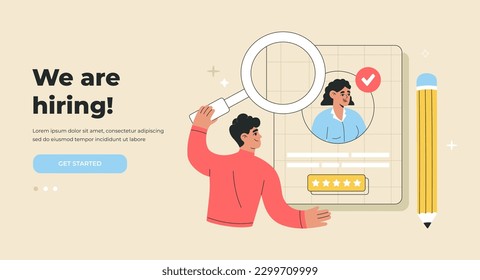 Recruitment agency, human resource management, hiring employees concept. Resume, CV analysis. Landing page template. Hand drawn flat vector illustration isolated on background, cartoon style