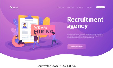 Recruitment agency, human resources service, recruitment network concept. Website interface UI template. Landing web page with infographic concept creative hero header image.