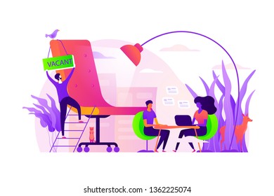 Recruitment agency, human resources service, recruitment network and candidate interview concept. Vector isolated concept illustration with tiny people and floral elements. Hero image for website.