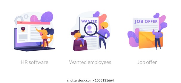 Recruitment agency icons set. Human resources management, personnel hiring, employment contract. HR software, wanted employees, job offer metaphors. Vector isolated concept metaphor illustrations