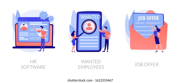 Recruitment agency icons set. Human resources management, personnel hiring, employment contract. HR software, wanted employees, job offer metaphors. Vector isolated concept metaphor illustrations