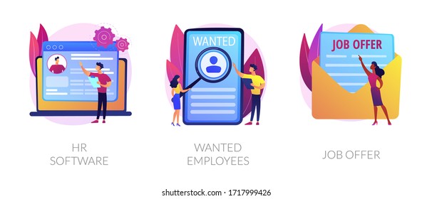 Recruitment agency icons set. Human resources management, personnel hiring, employment contract. HR software, wanted employees, job offer metaphors. Vector isolated concept metaphor illustrations