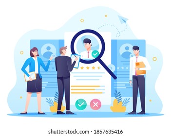 Recruitment Agency Illustration, Manager and Hiring Team trying to choose the best Candidates. This illustration can be use for website, landing page, web, app, and banner.