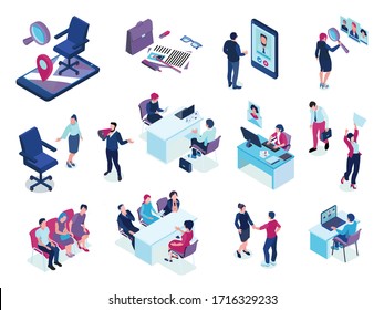 Recruitment agency isometric set with online job vacancies screening applicants choosing candidates interview selection events vector illustration  