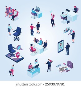 Recruitment agency isometric set with online job vacancies screening applicants choosing candidates interview selection events vector illustration