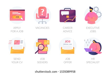 Recruitment agency and job searching icons set. HR management, personnel hiring, employment contract. Career advice, job offer, send your CV, job seekers, vacancies vector isolated design pack.