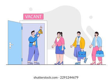 Recruitment agency, job seekers, job applicants, vacancy announcement concept with crowd of people. Outline design minimal vector illustration for landing page, web banner, infographics, hero images.