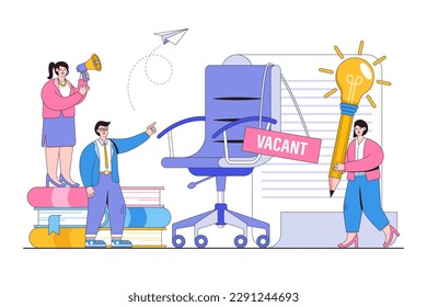 Recruitment agency, job seekers, job applicants, vacancy announcement concept with office chair. Outline design minimal vector illustration for landing page, web banner, infographics, hero images.