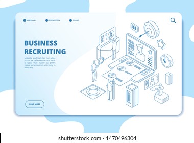 Recruitment agency landing page. Candidate and employer, human resources online recruitment and hiring 3d isometric vector concept. Recruitment and hiring online, technology management illustration