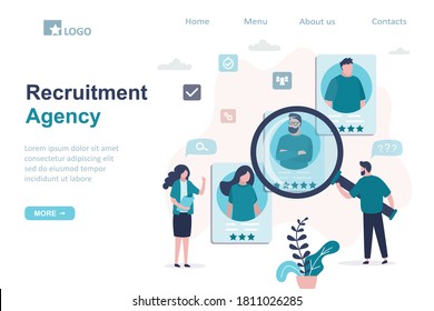 Recruitment agency, landing page template. Process of searching, assessing skills and recruiting staff. Various resumes of people candidates. CV of job seekers. Flat design vector illustration