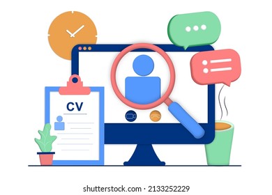Recruitment agency landing page template. Online job interview, hiring employment process, choosing candidate, searching job concept. CV, resume and vacant. 3D vector illustration for web banner.