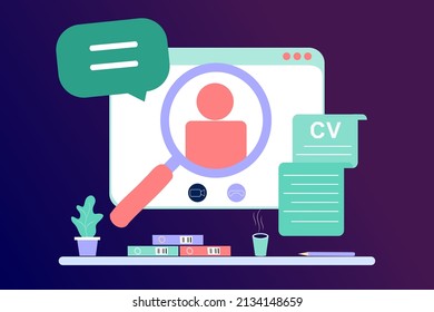 Recruitment agency landing page template. Online job interview, hiring employment process, choosing candidate, searching job concept. CV, resume and vacant. Vector illustration for web banner.	