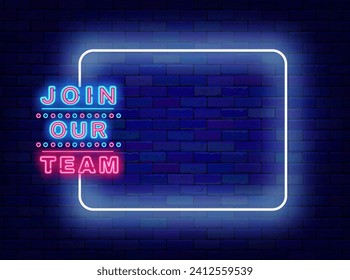 Recruitment agency neon flyer. Empty white frame and join our team. Write you cv banner. HR design. Work searching. Shiny flyer. Editable stroke. Vector stock illustration