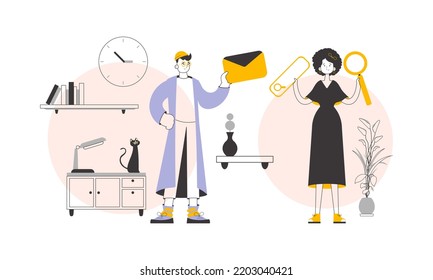 Recruitment agency, two specialists. Modern linear style. Vector illustration.