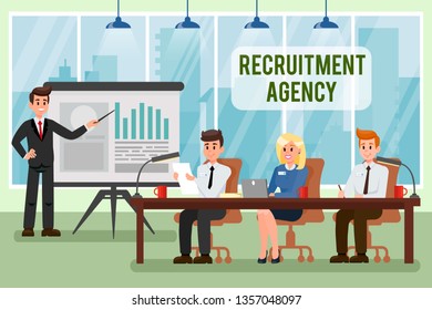 Recruitment Agency Vector Illustration with Text. HR Managers at Meeting, Conference. Business Coach Pointing at Whiteboard. Graph, Diagram on Flip Chart. Business Presentation. Office Interior