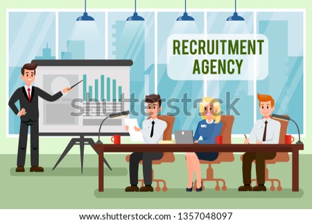 Recruitment Agency Vector Illustration with Text. HR Managers at Meeting, Conference. Business Coach Pointing at Whiteboard. Graph, Diagram on Flip Chart. Business Presentation. Office Interior