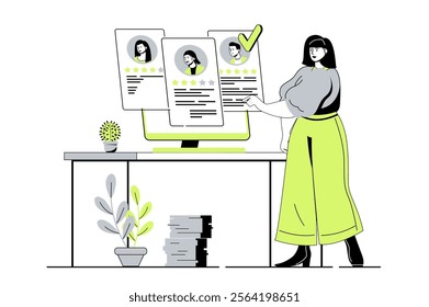 Recruitment agency web concept with flat cartoon people for website design. HR manager looking best resume for open vacancy, choosing candidates for job interview, hiring worker. Vector illustration.