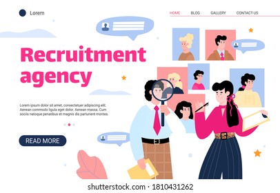 Interfaz del sitio web de la agencia de contratación con los directores de recursos humanos que buscan la mejor imagen de portadores de caricaturas planas mejor candidata. Página de inicio para el reclutamiento y el empleo.